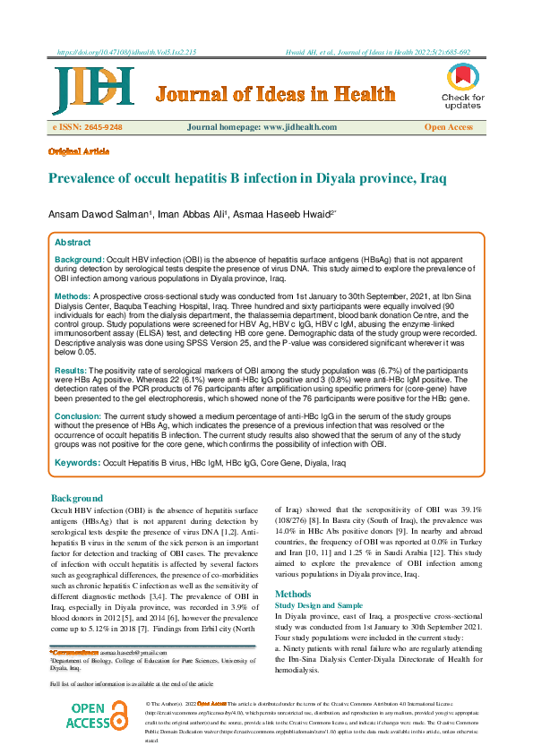 (PDF) Prevalence of occult hepatitis B infection in Diyala province, Iraq