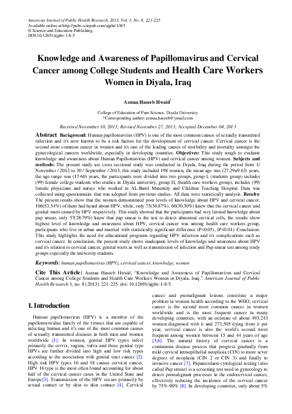 (PDF) Knowledge and Awareness of Papillomavirus and Cervical Cancer ...