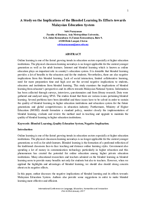(PDF) A Study on the Implications of the Blended Learning Its Effects ...