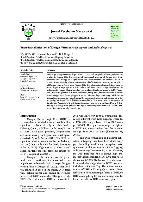 (PDF) Transovarial Infection of Dengue Virus in Aedes aegypti and Aedes ...
