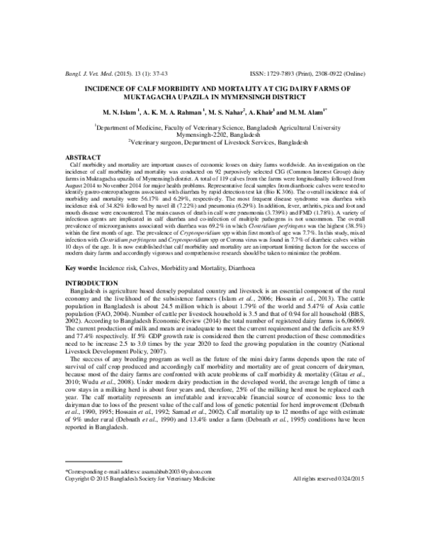 (PDF) Incidence of Calf Morbidity and Mortality at CIG Dairy Farms of ...