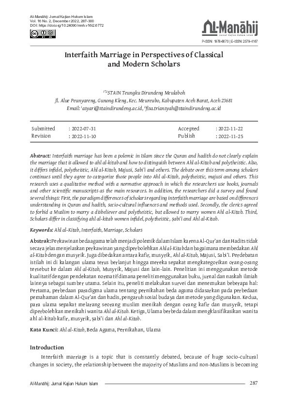 (PDF) Interfaith Marriage in Perspectives of Classical and Modern Scholars