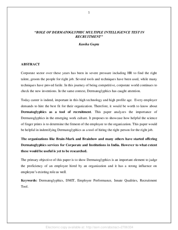 (PDF) "ROLE OF DERMATOGLYPHIC MULTIPLE INTELLIGENCE TEST IN RECRUITMENT"