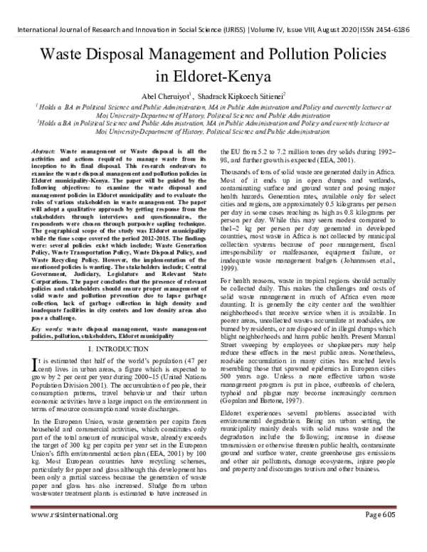 (PDF) Waste Disposal Management and Pollution Policies in EldoretKenya