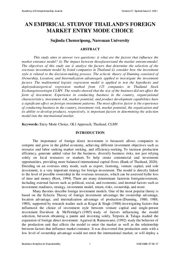 (PDF) An Empirical Studyof Thailand’s Foreign Market Entry Mode Choice
