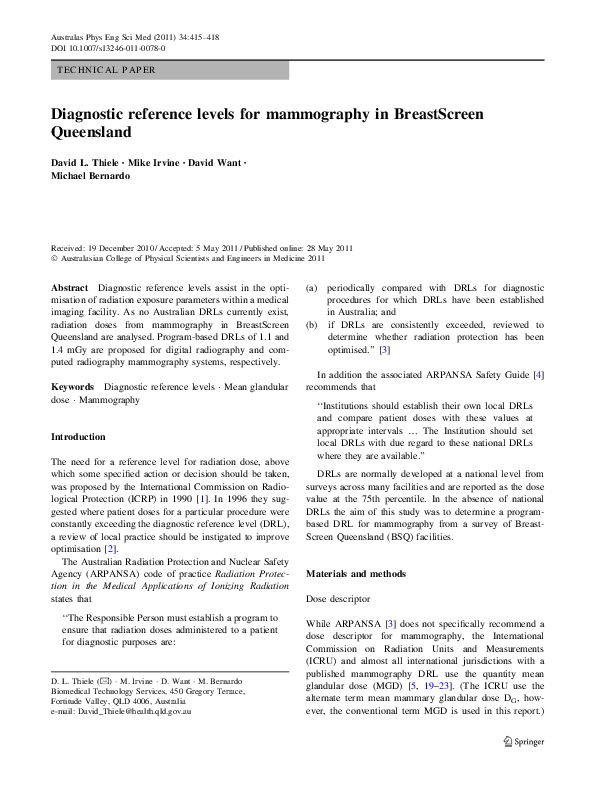 (PDF) Diagnostic reference levels for mammography in BreastScreen ...