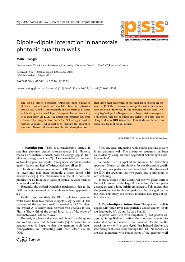 (PDF) Dipole-dipole interaction in nanoscale photonic quantum wells