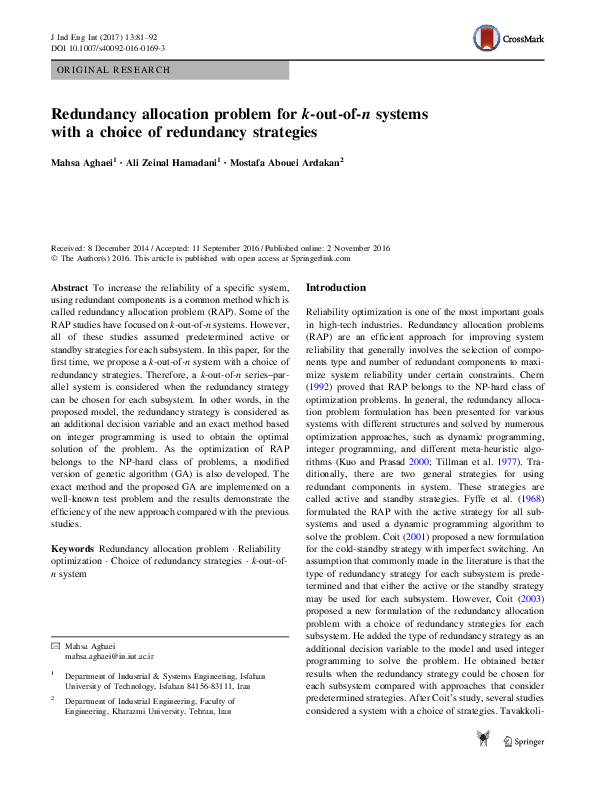 (PDF) Redundancy allocation problem for k-out-of-n systems with a ...