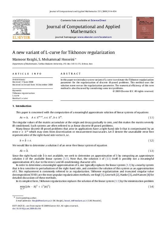 (PDF) A new variant of L-curve for Tikhonov regularization