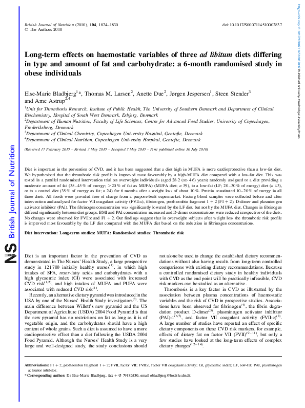 (PDF) Long-term effects on haemostatic variables of three ad libitum ...
