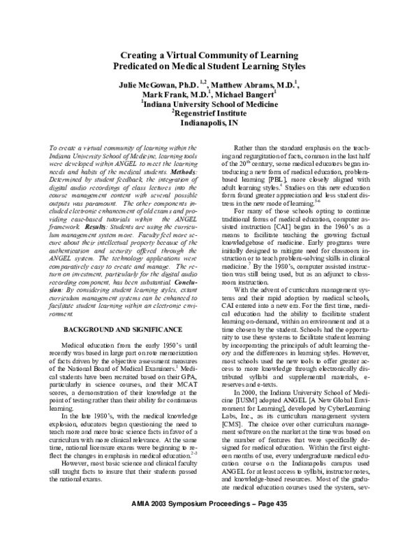 (PDF) Creating a virtual community of learning predicated on medical ...