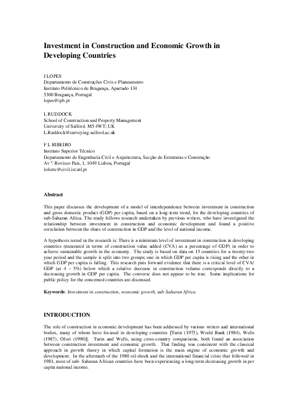 (PDF) Investment in construction and economic growth in developing ...
