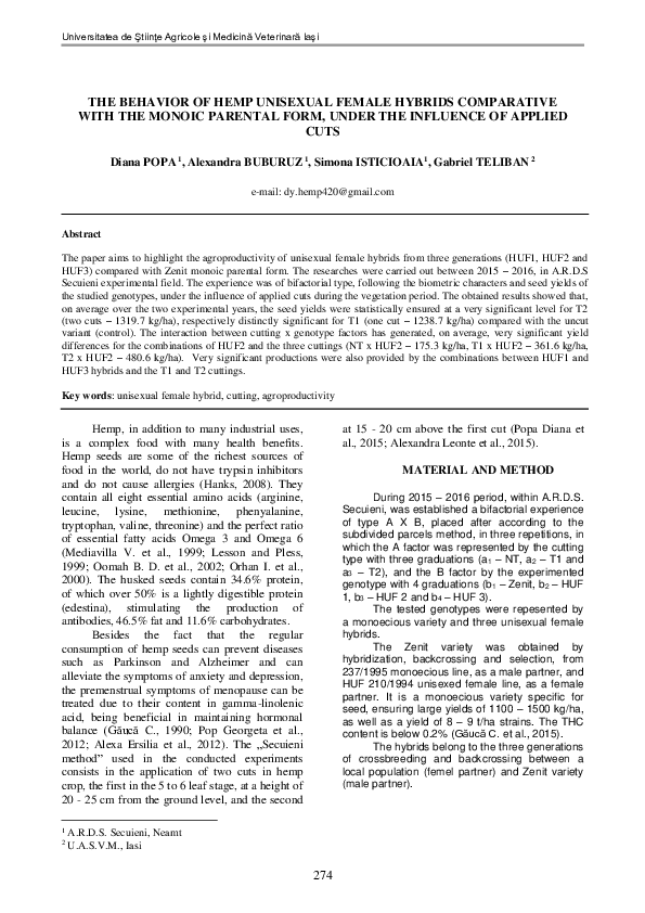 (PDF) The Behavior of Hemp Unisexual Female Hybrids Comparative with