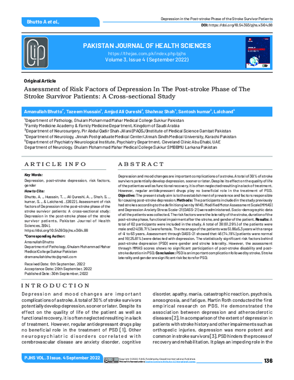 (PDF) Assessment of risk factors of Depression in the post-stroke phase ...