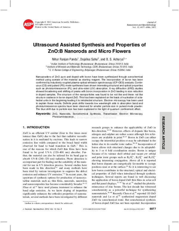 (PDF) Ultrasound Assisted Synthesis and Properties of ZnO:B Nanorods ...