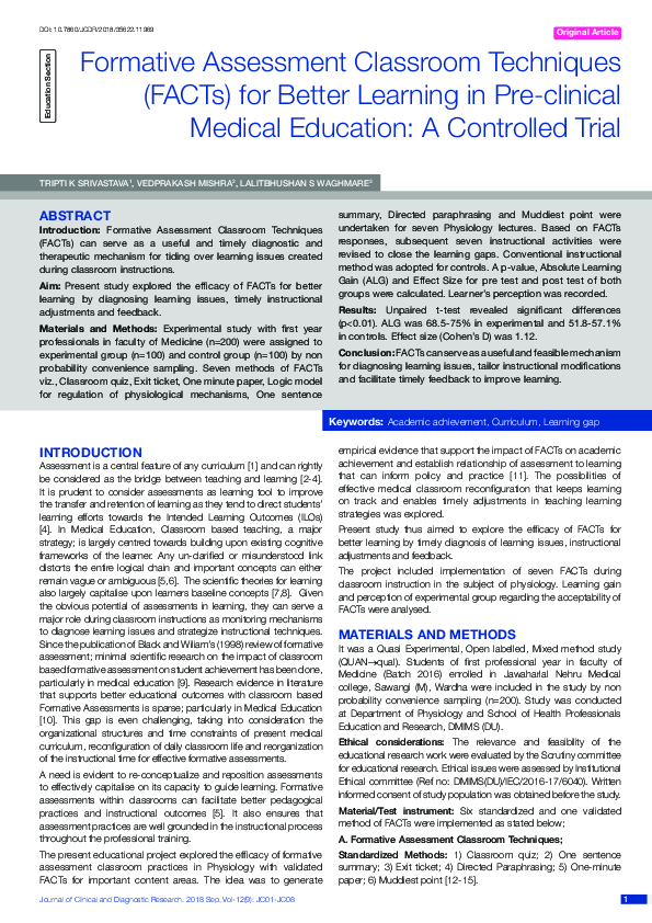 (PDF) Formative Assessment Classroom Techniques (FACTs) for Better ...