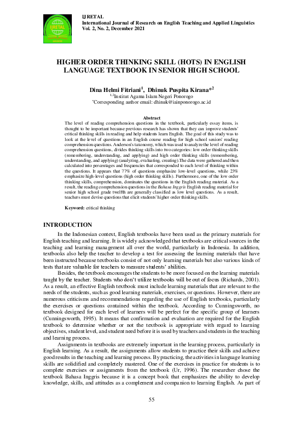(PDF) Higher Order Thinking Skill (Hots) in English Language Textbook ...