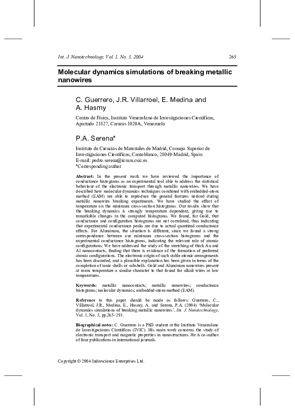 (PDF) Molecular dynamics simulations of breaking metallic nanowires