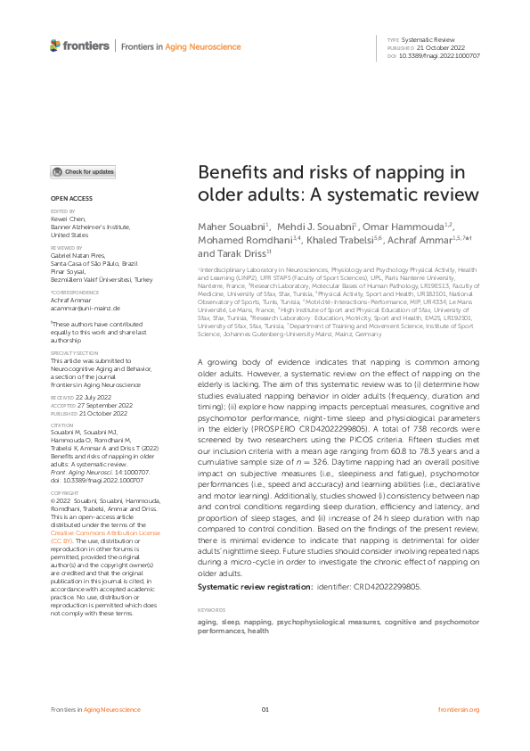 (PDF) Benefits and risks of napping in older adults: A systematic review