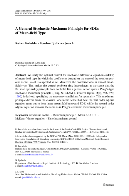 (PDF) A General Stochastic Maximum Principle for SDEs of Mean-field Type