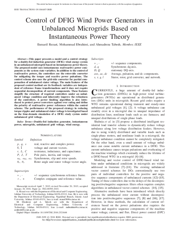 (PDF) Control of DFIG Wind Power Generators in Unbalanced Microgrids ...
