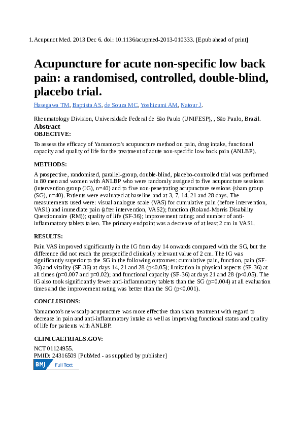 (PDF) Acupuncture for Acute Non-Specific Low Back Pain: A Randomised ...