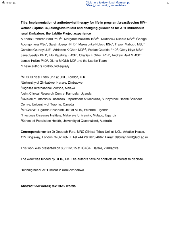 (PDF) Implementation of Antiretroviral Therapy for Life in Pregnant ...