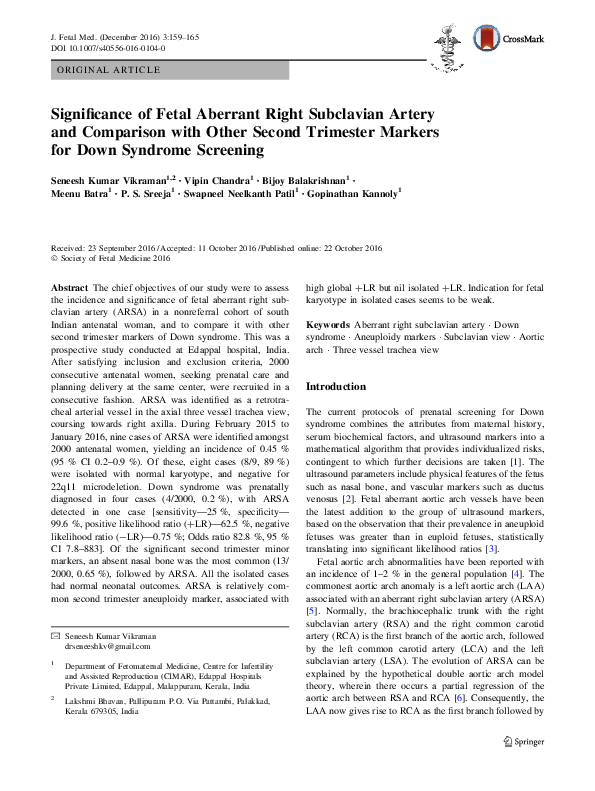 (PDF) Significance of Fetal Aberrant Right Subclavian Artery and ...