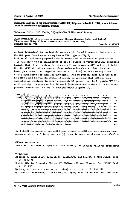 (PDF) Nucleotide sequence of rat mitochondrial NADH dehydrogenase ...