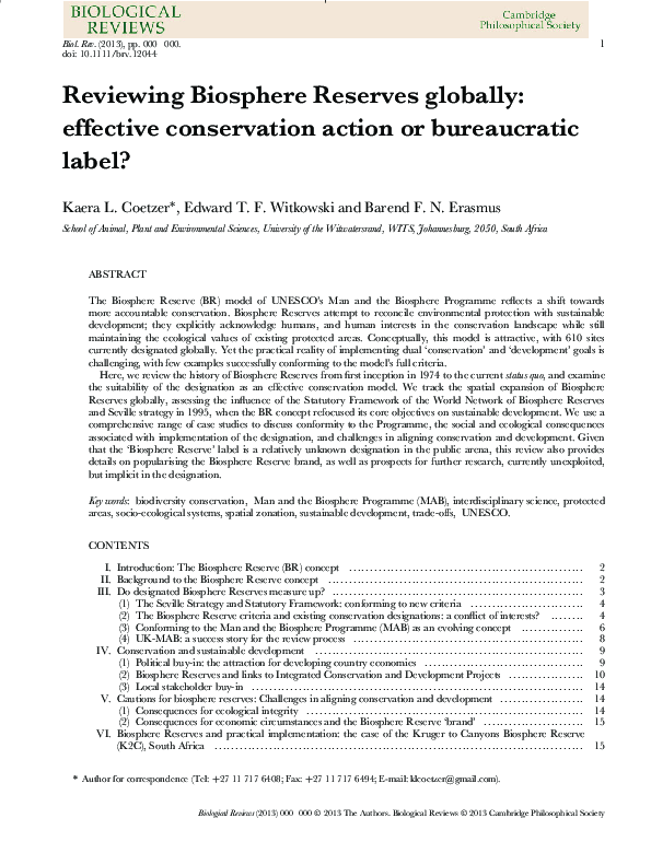 (PDF) Reviewing Biosphere Reserves globally: effective conservation ...