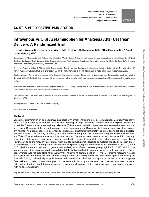 (PDF) Intravenous vs Oral Acetaminophen for Analgesia After Cesarean Delivery A Randomized