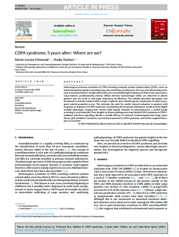 (PDF) COPA syndrome, 5 years after: Where are we? | Nadia Nathan ...