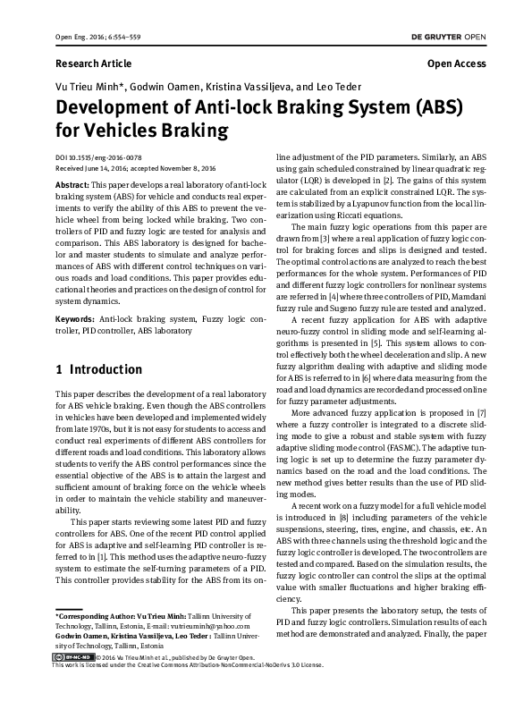 (PDF) Development of Anti-lock Braking System (ABS) for Vehicles Braking