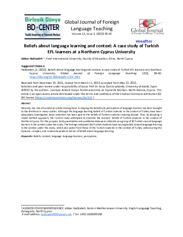 (PDF) Beliefs about language learning and context: A case study of ...