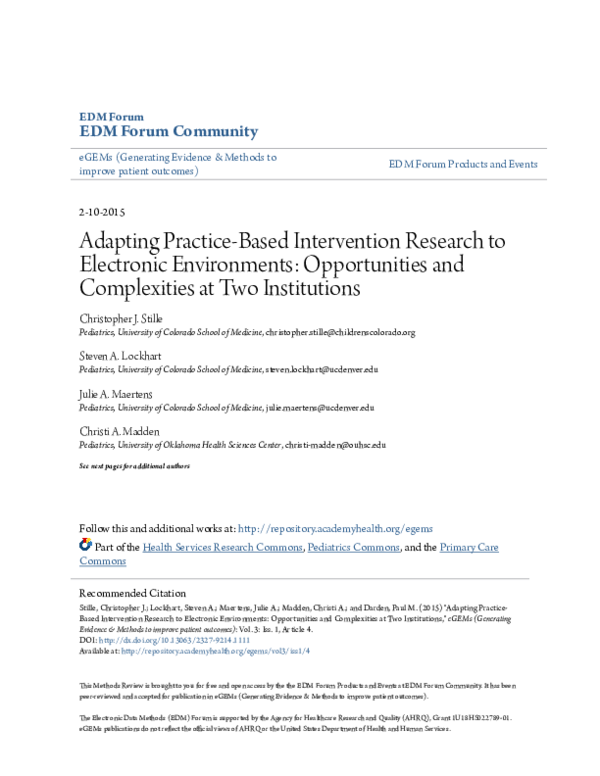 (PDF) Adapting Practice-Based Intervention Research to Electronic ...