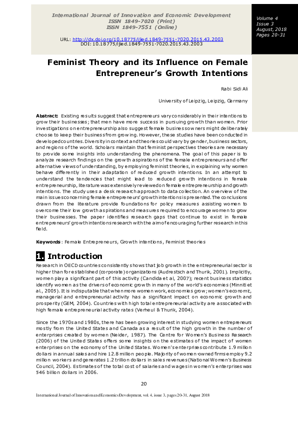(PDF) Feminist theory and its influence on female entrepreneur’s growth ...