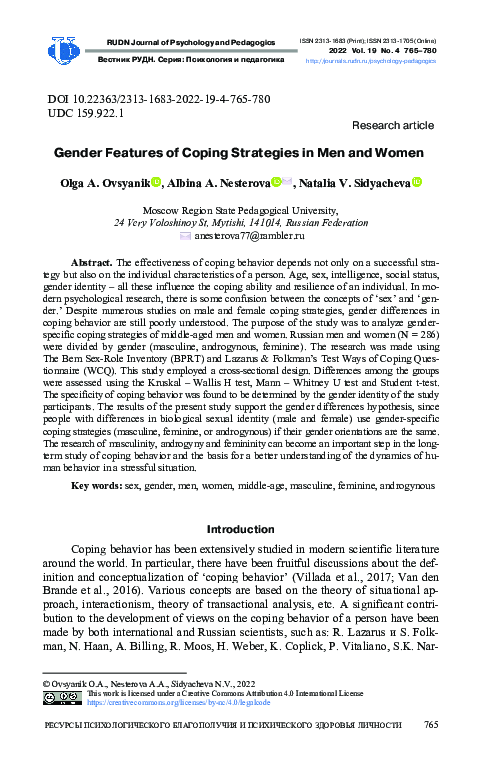 (PDF) Gender Features of Coping Strategies in Men and Women