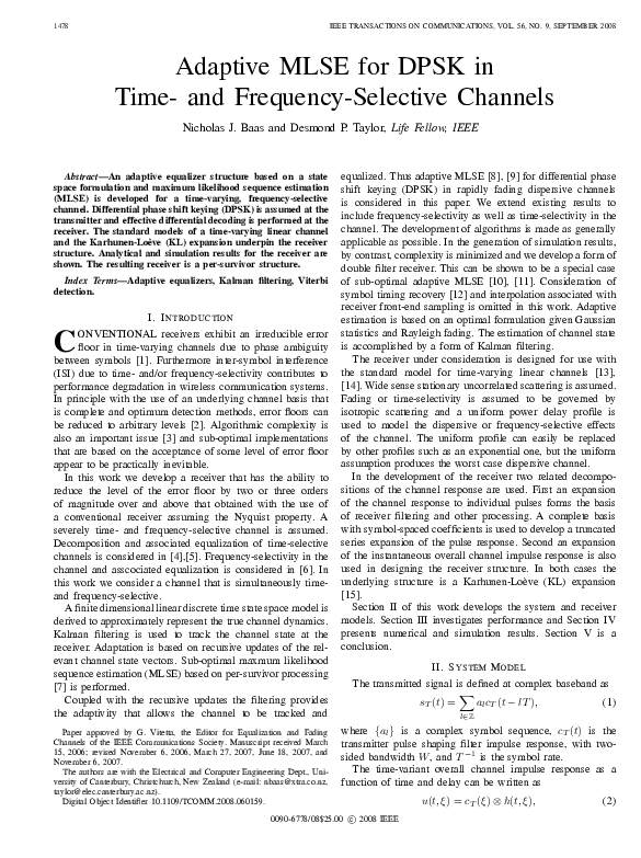 (PDF) Adaptive MLSE for DPSK in time- and frequency-selective channels