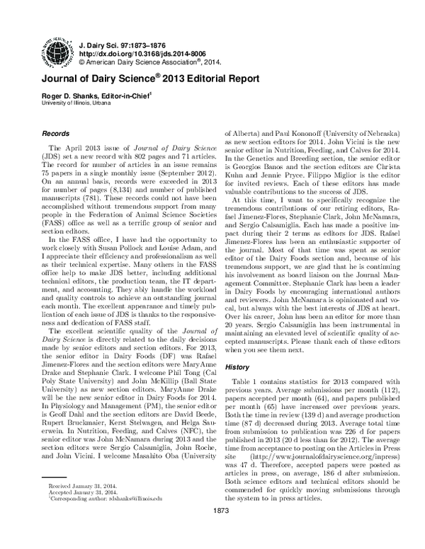 (PDF) Journal of Dairy Science® 2013 Editorial Report