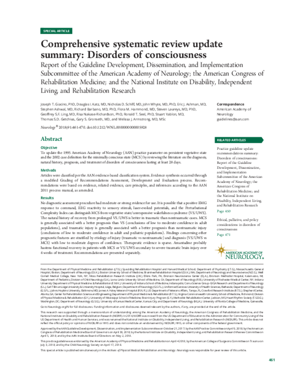 Comprehensive Systematic Review Update Summary: Disorders of Consciousness: Report of the Guideline Development, Dissemination, and Implementation Subcommittee of the American Academy of Neurology; the American Congress of Rehabilitation Medicine; and the National Institute on Disability, Indepen...