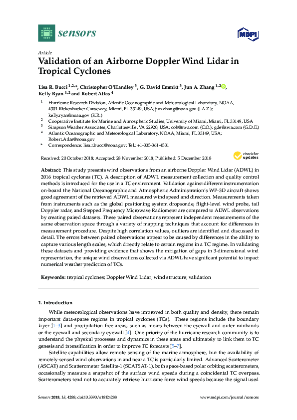 (PDF) Validation of an Airborne Doppler Wind Lidar in Tropical Cyclones