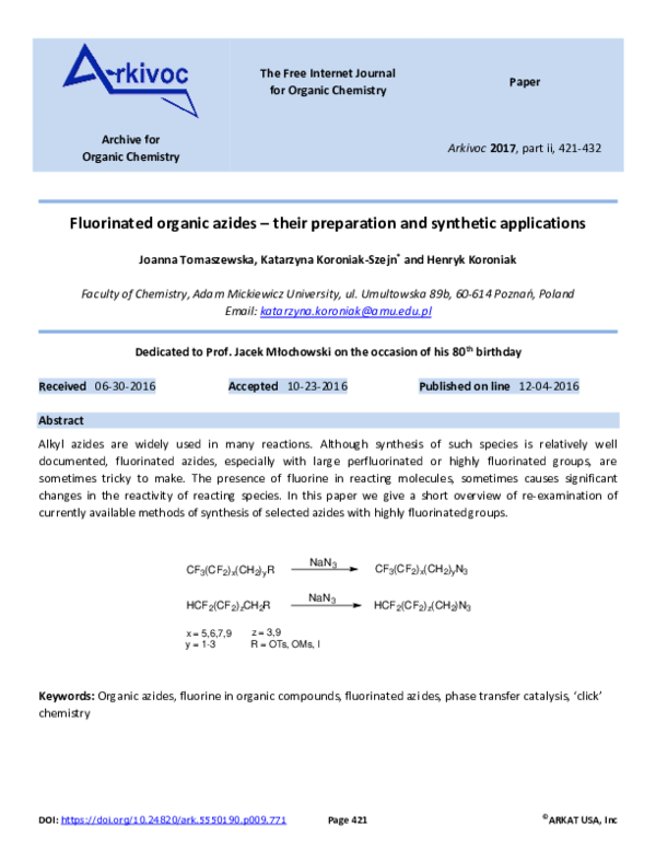 (PDF) Fluorinated organic azides – their preparation and synthetic ...