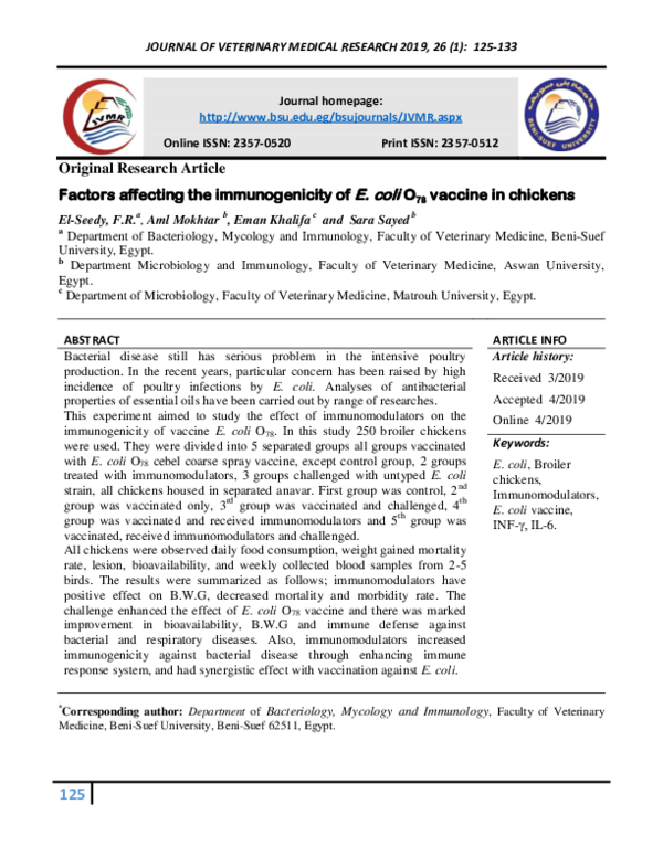 (PDF) Factors affecting the immunogenicity of E. coli O78 vaccine in ...