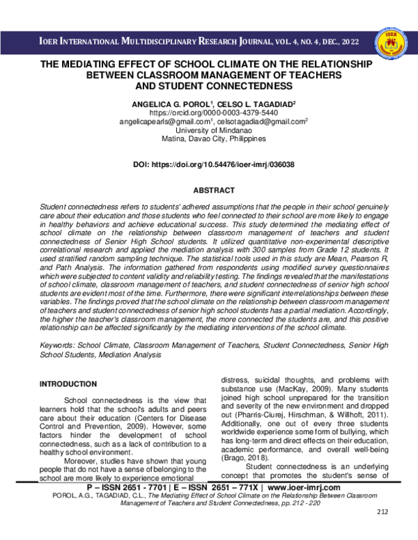 (PDF) THE MEDIATING EFFECT OF SCHOOL CLIMATE ON THE RELATIONSHIP ...