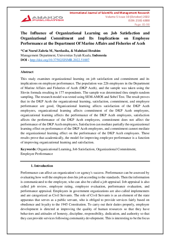 (PDF) The Influence of Organizational Learning on Job Satisfaction and ...