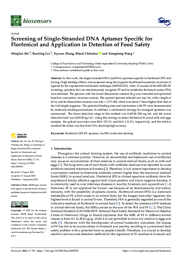 (PDF) Screening of Single-stranded DNA Aptamer Specific for Florfenicol ...