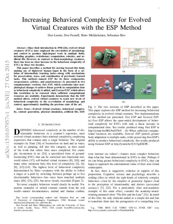 (PDF) Increasing Behavioral Complexity for Evolved Virtual Creatures ...
