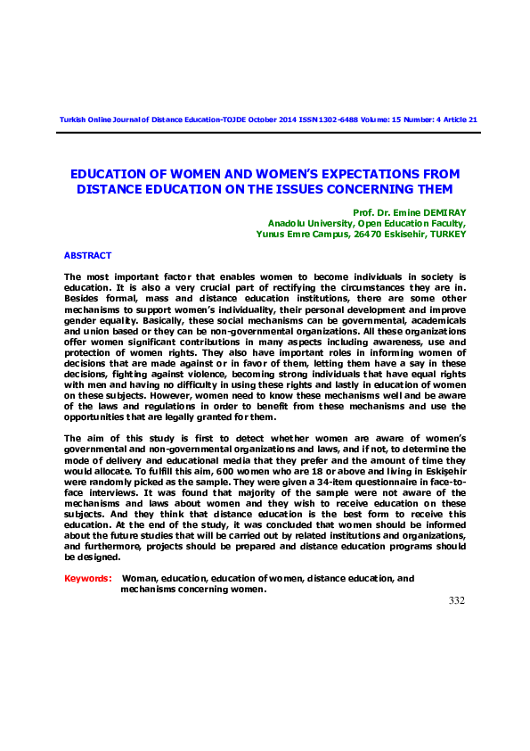 (PDF) Education Of Women And Women’s Expectations From Distance ...