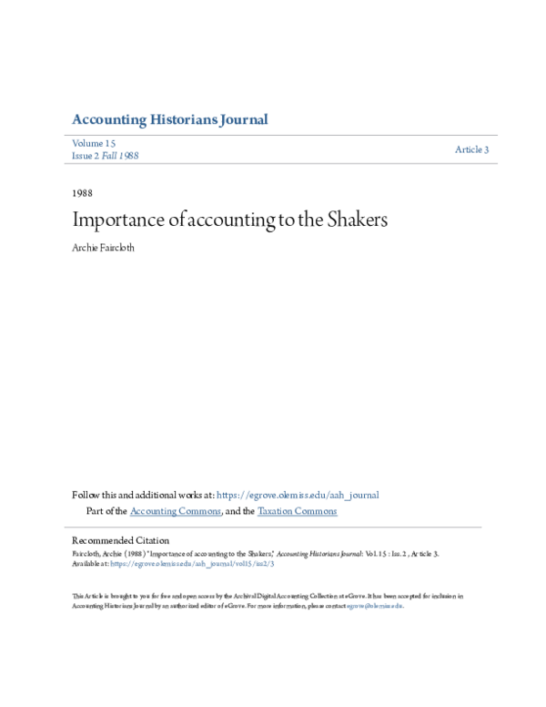 (PDF) The Importance of Accounting to the Shakers A Faircloth