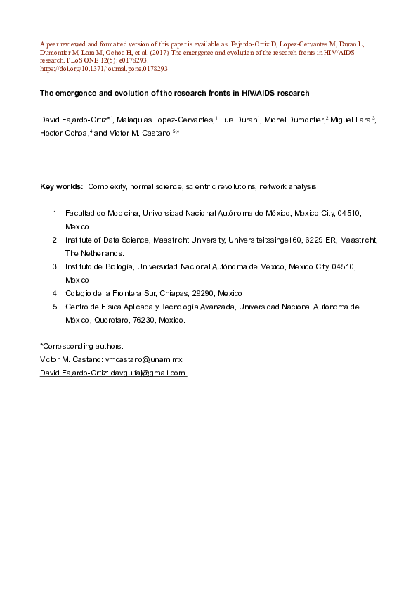 (PDF) The emergence and evolution of the research fronts in HIV/AIDS ...